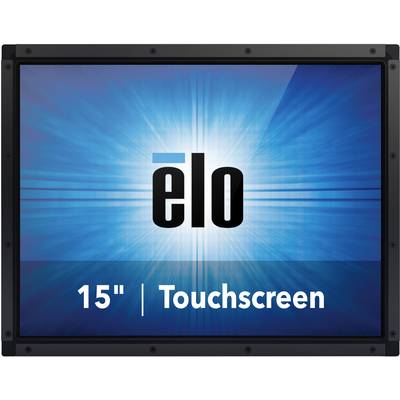 Écran interactif 'elo' de 15 pouces, avec écran tactile sur fond bleu. Accent principal mis sur la marque et la taille de l'écran.