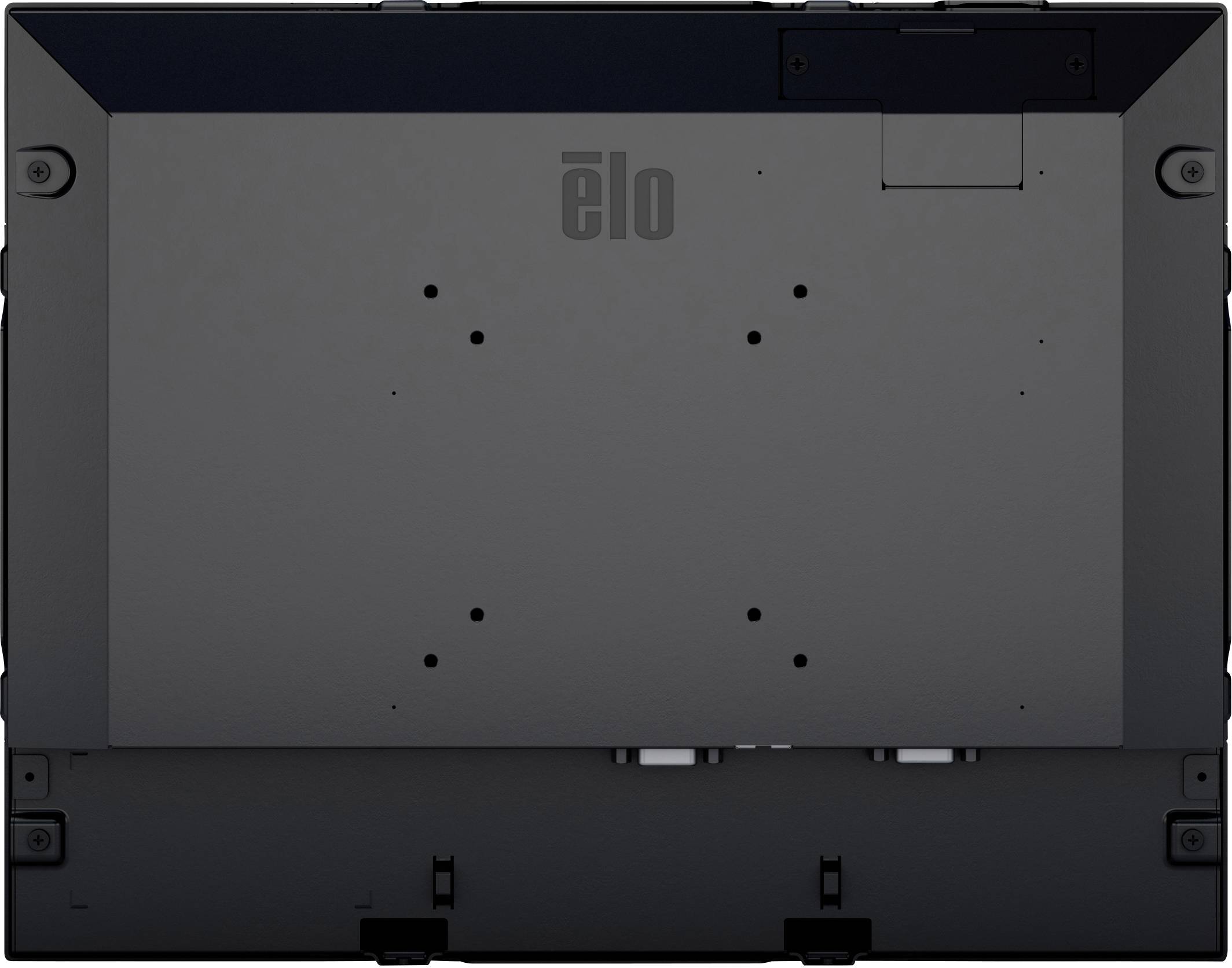 Moniteur 'elo'-Monitor, vue arrière. Montre les points de fixation pour le montage mural et les connexions de câbles.