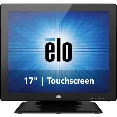 'Écran tactile Elo 17" avec un arrière-plan bleu et un texte blanc indiquant la taille de l'écran et sa fonctionnalité tactile.'