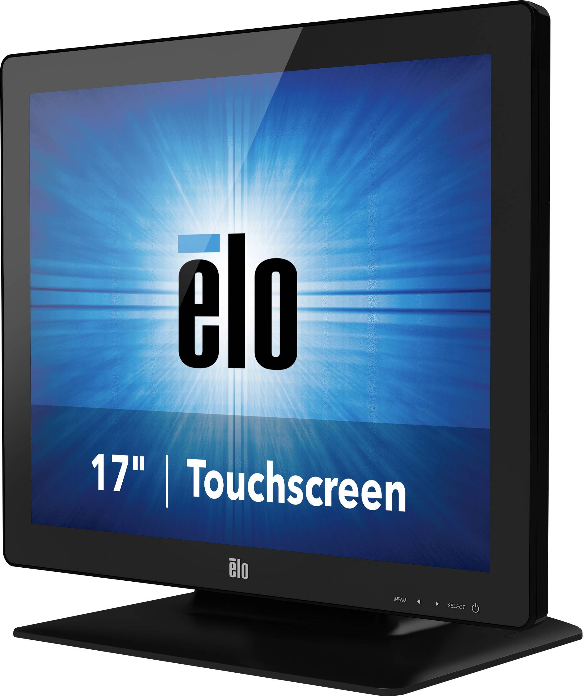Un moniteur tactile de 17 pouces avec le logo 'elo' sur un fond bleu.