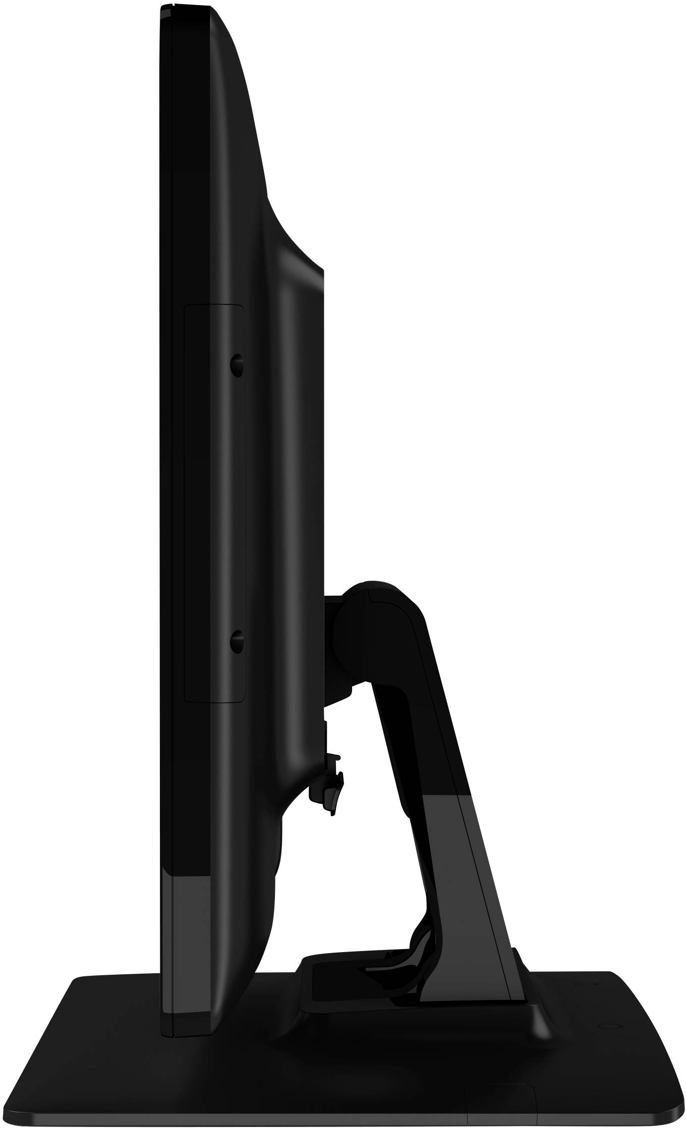 Vue latérale d'un écran d'ordinateur noir avec un socle stable.