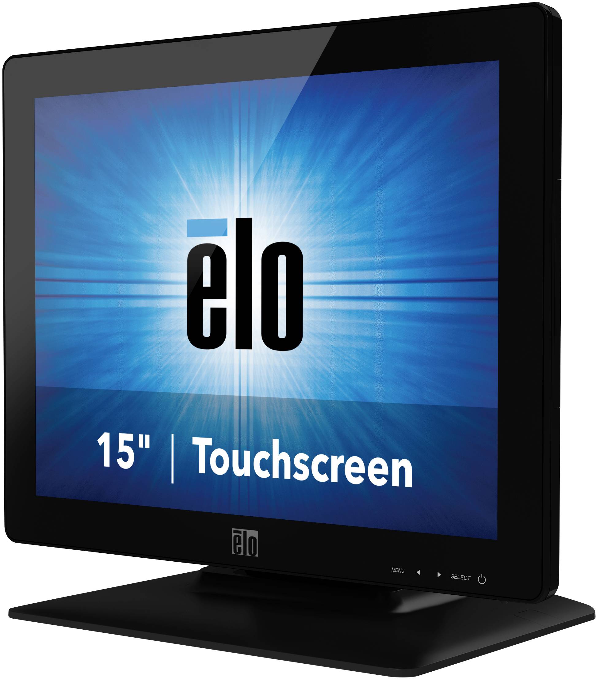 Un moniteur tactile noir de 15 pouces de la marque elo est allumé et affiche un fond d'écran bleu vif avec le logo 'elo'.