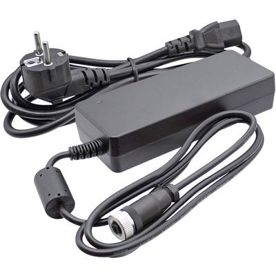 Adaptateur secteur noir avec câble, fiche européenne et un connecteur rond. Utilisé pour raccorder des appareils électroniques aux sources d'alimentation.