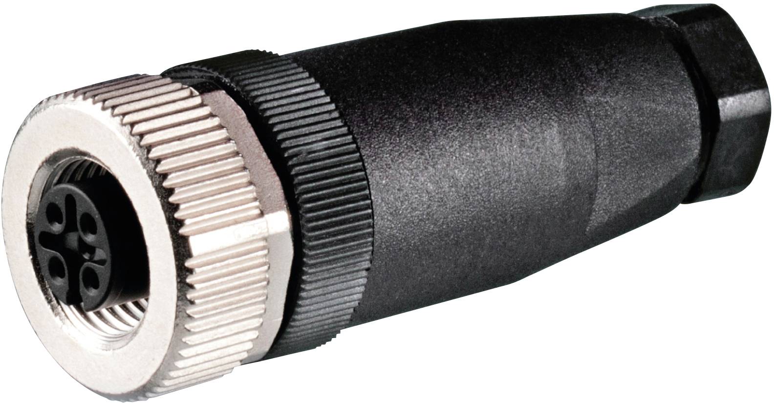 Connecteur électrique noir cylindrique avec filetage métallique à vis et quatre bornes, adapté aux applications industrielles.