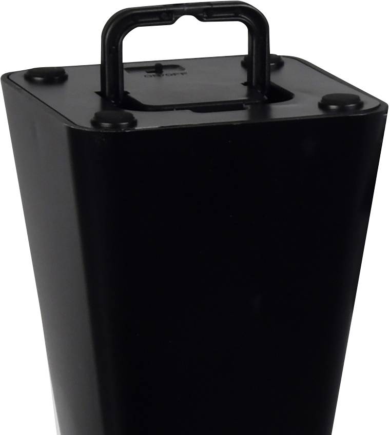 Un objet noir, rectangulaire, avec une poignée sur le dessus, qui pourrait être un haut-parleur portable ou un dispositif de rangement.