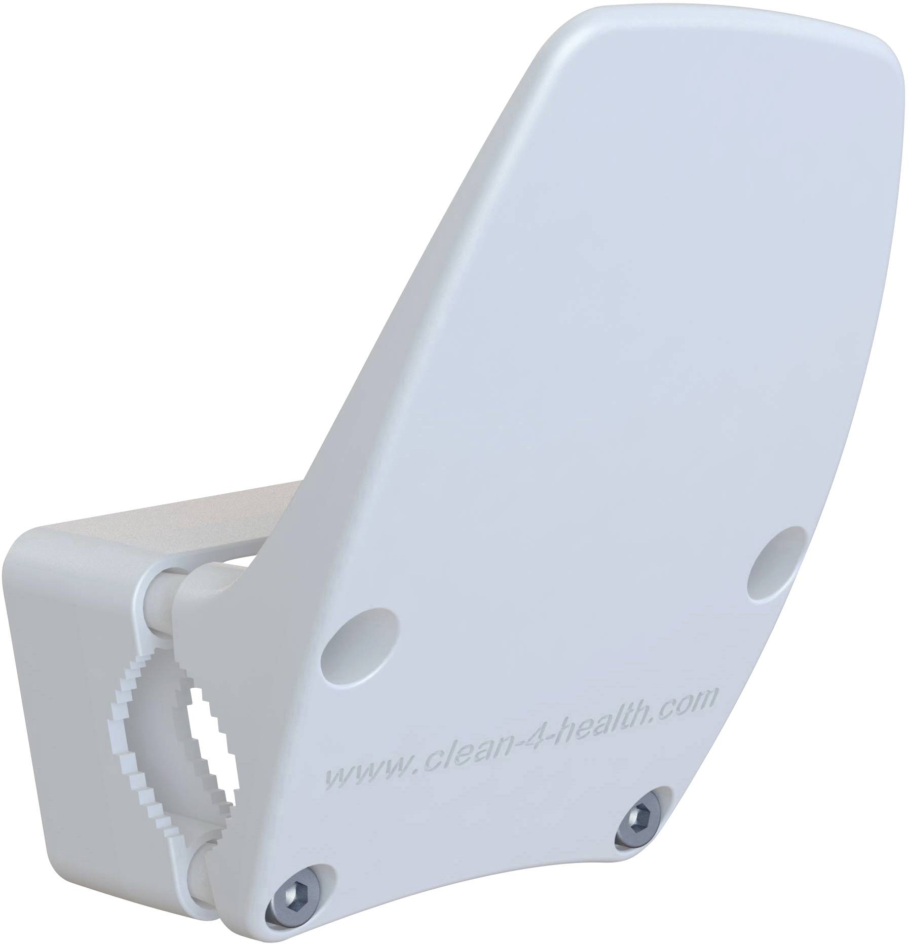 Un abattant de toilette blanc portant l'inscription 'www.clean-4-health.com', fixé sur un support mural avec deux vis apparentes.