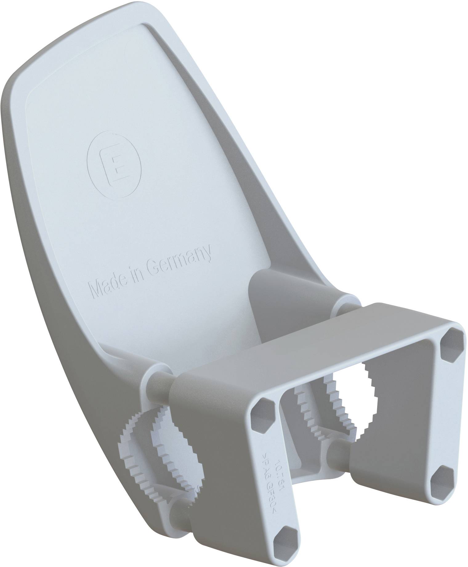 Support en plastique, gris clair, pour objets cylindriques, avec marquage 'Made in Germany'. Adapté pour une fixation sécurisée.