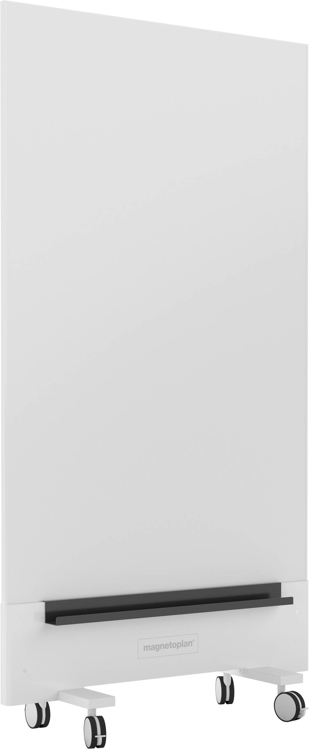 Tableau blanc portable sur roulettes avec un compartiment de rangement en bas.