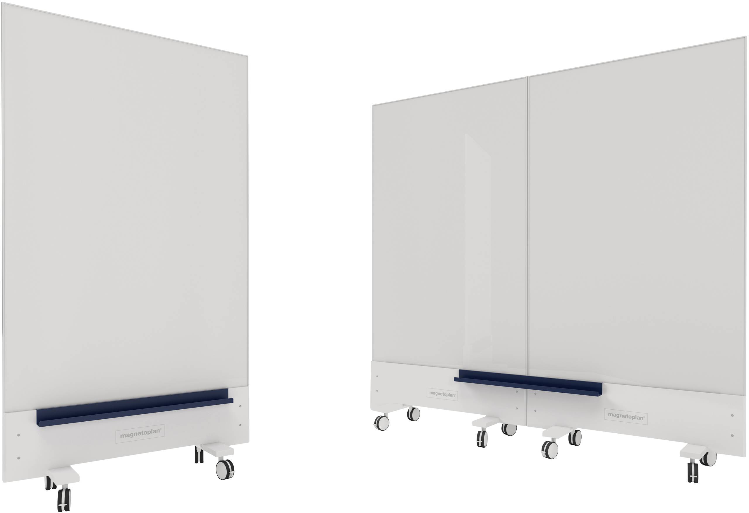 Deux tableaux blancs mobiles sur roulettes. L'un est visible de profil, l'autre de face. Les deux ont une bande bleue le long de leur bord inférieur.