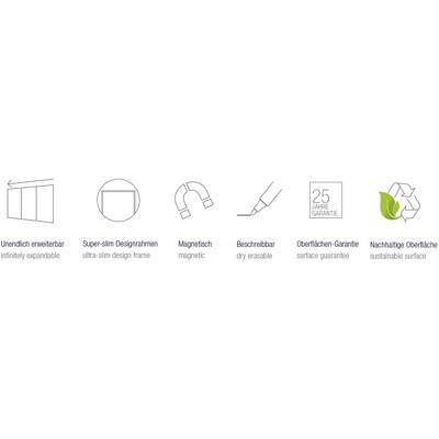 'Graphique montrant des symboles avec descriptions : extensible, cadre fin, magnétique, effaçable, garantie de 25 ans, écologique.'