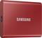 Disque SSD portable Samsung Rouge, design élégant, connectique latérale visible. Adapté pour un transfert de données rapide et le stockage.