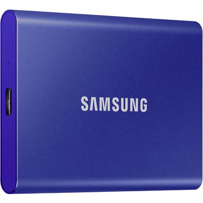 Disque dur externe Samsung en bleu, taille compacte avec port USB sur le côté.