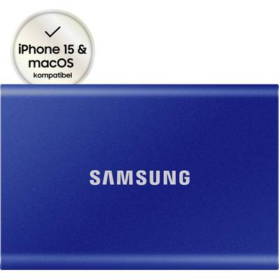 Disque dur externe bleu avec logo 'Samsung' et mention 'Compatible iPhone 15 & macOS'.