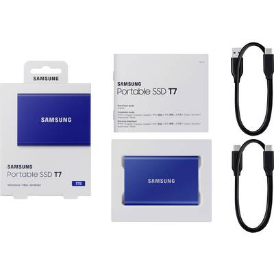 Contenu et emballage d'un SSD portable Samsung T7 1To : disque dur bleu, manuel d'utilisation, câbles USB-C et USB-A. Compatible avec Windows, Mac, Android.