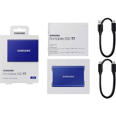 SSD portable T7 2 To de Samsung, y compris l'emballage, SSD bleu, câbles USB et mode d'emploi, compatible avec Windows, Mac et Android.