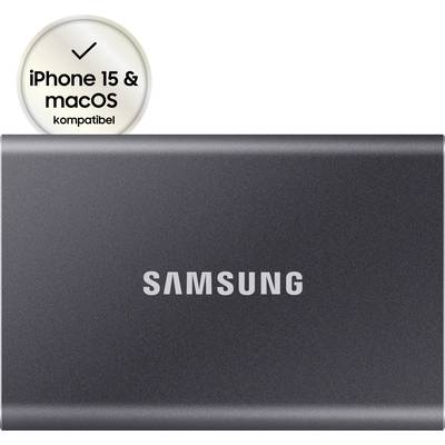 Disque dur externe Samsung dans un boîtier noir. En haut à gauche, un symbole avec le texte 'Compatible iPhone 15 & macOS'.
