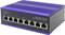 Un commutateur Ethernet rapide industriel à 8 ports avec un couvercle bleu et un boîtier noir, adapté aux applications réseau.