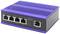 Commutateur réseau bleu avec cinq ports Ethernet à l'avant, adapté pour connecter plusieurs ordinateurs ou appareils dans un même réseau.