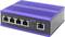 Un commutateur réseau bleu avec cinq ports Ethernet, idéal pour connecter plusieurs appareils dans un réseau informatique.