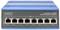 Un commutateur Ethernet Fast 8 ports bleu de Digitus pour applications industrielles. Comprend des voyants de statut au-dessus de chaque port.