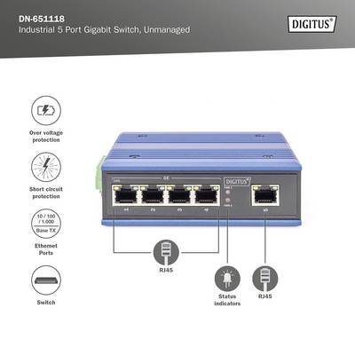 Le 'DN-651118' est un switch Gigabit industriel à 5 ports de Digitus, non géré, avec protection contre les surtensions et les courts-circuits. Ports de connexion : Ethernet (RJ45).