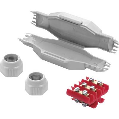 Un boîtier en plastique gris pour connexions électriques, ouvert avec des bornes à connexion rapide et deux écrous de fermeture en gros plan.