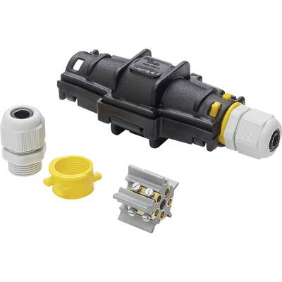 Connexion de câble électrique avec des pièces en plastique noir et jaune, presse-étoupe, bornes de connexion et joint d'étanchéité.