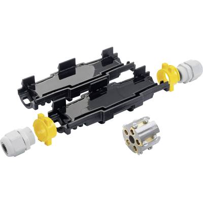Connecteur de câble en plastique noir avec un verrou jaune et un raccordement métallique. Utilisé pour établir une connexion électrique sécurisée entre des câbles.