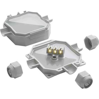 Prises électriques avec couvercle ouvert, où l'on peut voir des bornes et des obturateurs à vis amovibles. Principalement en gris.