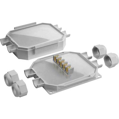Deux prises électriques grises, l'une ouverte avec des contacts visibles, l'autre fermée. Quatre entrées de câbles sont présentes.