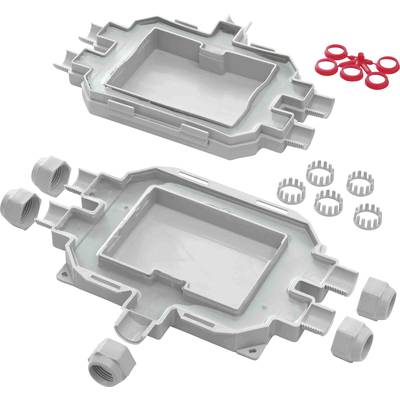 Connexions en plastique gris et presse-étoupes rouges pour câbles électriques, destinés à la protection et au raccordement dans les boîtes de distribution électrique.