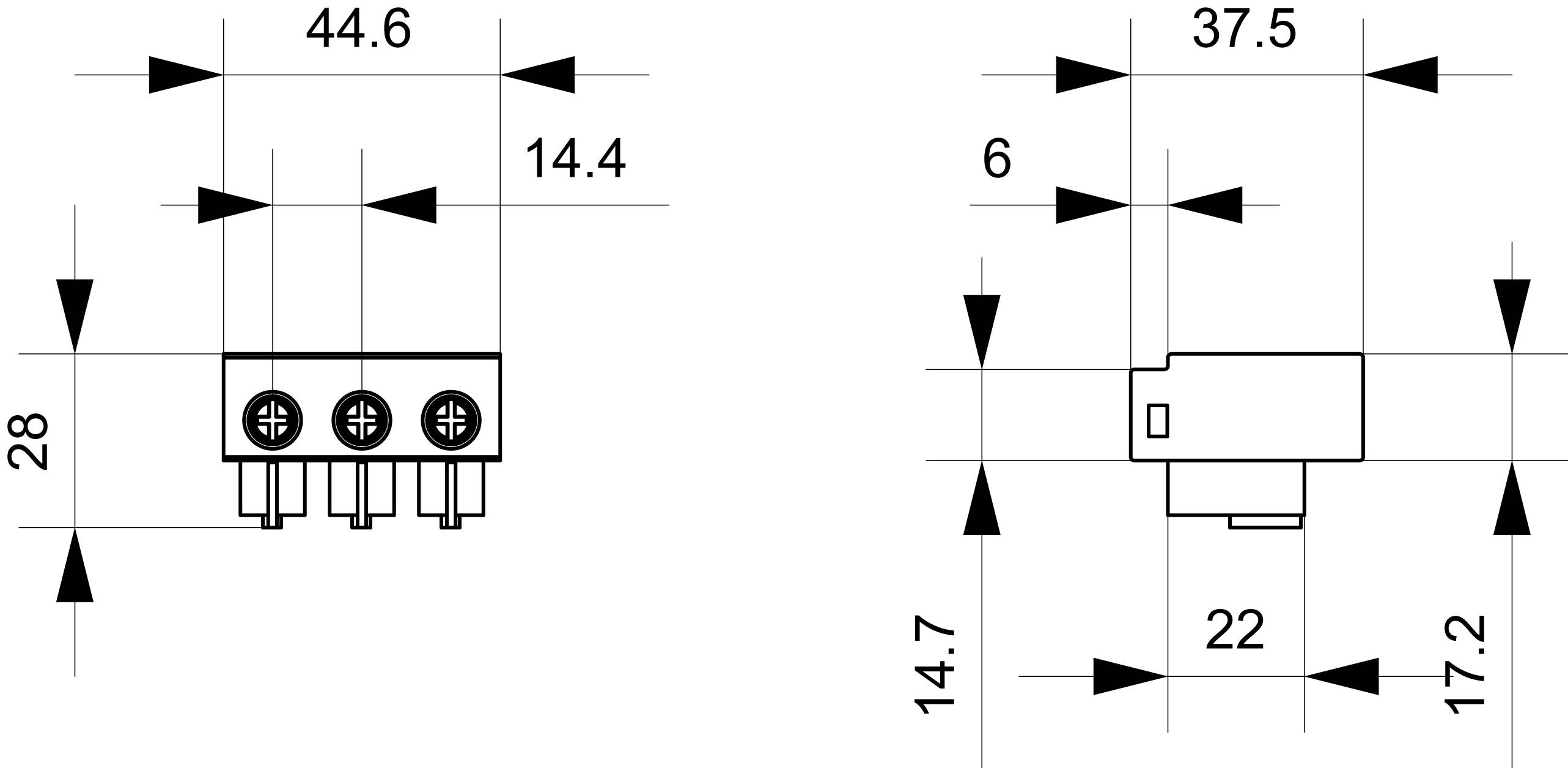 Dessin technique d'un connecteur rectangulaire avec dimensions : largeur 44,6 mm, hauteur 28 mm, profondeur 14,4 mm. Vue latérale montrant des dimensions supplémentaires.