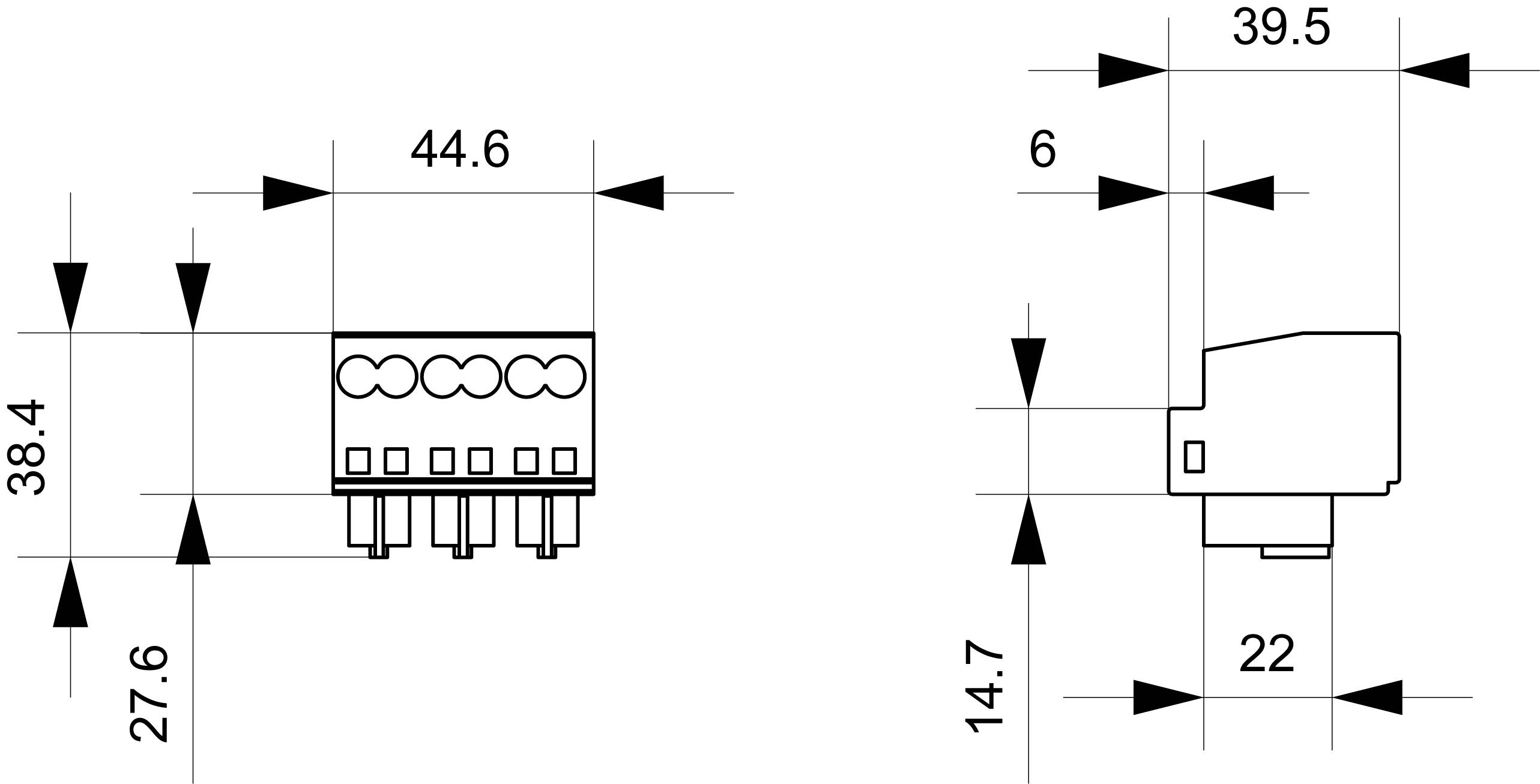 Dessin technique d'un connecteur avec dimensions : largeur 44,6 mm, hauteur 38,4 mm, profondeur 39,5 mm, raccordement 27,6 mm.