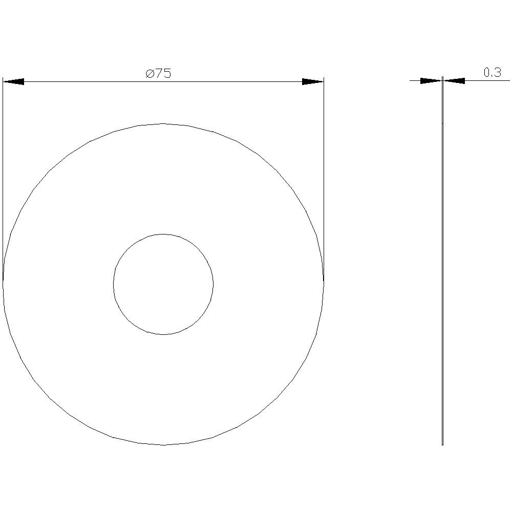 Dessin technique d'un disque d'un diamètre de 75 mm et d'une épaisseur de 0,3 mm. Il indique les dimensions principales.