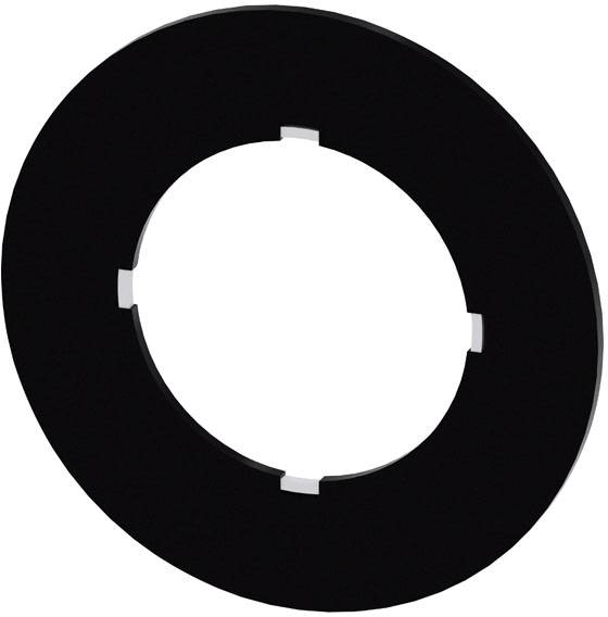 Un objet noir, circulaire, avec un grand trou en son centre et quatre protubérances blanches réparties de manière uniforme.