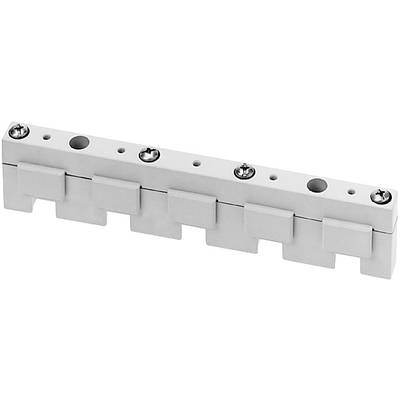 Un connecteur technique blanc avec six unités fixées par des vis en métal, sur un fond blanc.