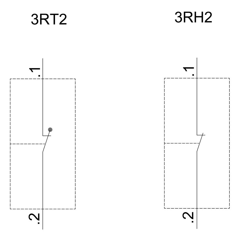 Le schéma montre deux interrupteurs : à gauche '3RT2', à droite '3RH2'. Les deux interrupteurs tournent du point '1' en haut vers le point '2' en bas.