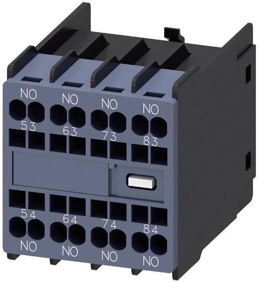 Un relais électrique noir avec plusieurs bornes de connexion et des étiquettes 'NO' pour chaque borne, présenté dans une représentation 3D.