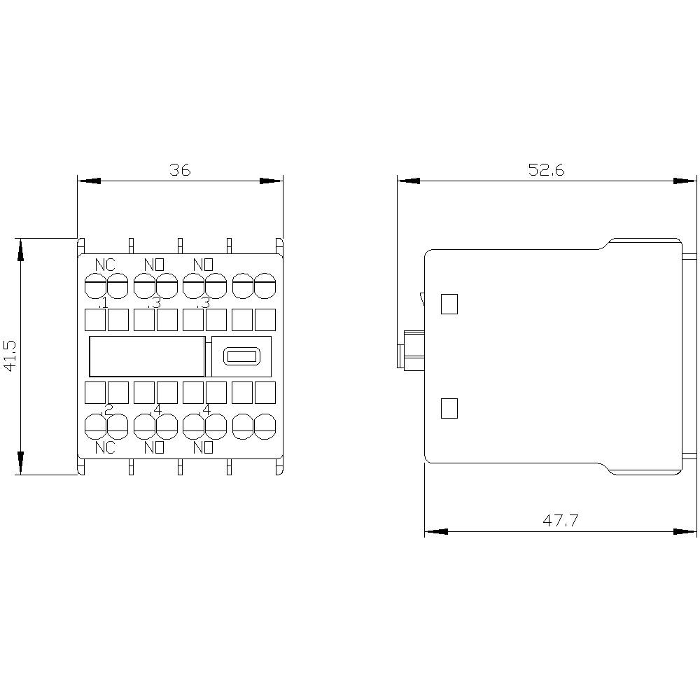 Dessin technique d'un relais avec dimensions : largeur 36 mm, profondeur 52,6 mm, hauteur 41,5 mm. Vue latérale montrant le détail.