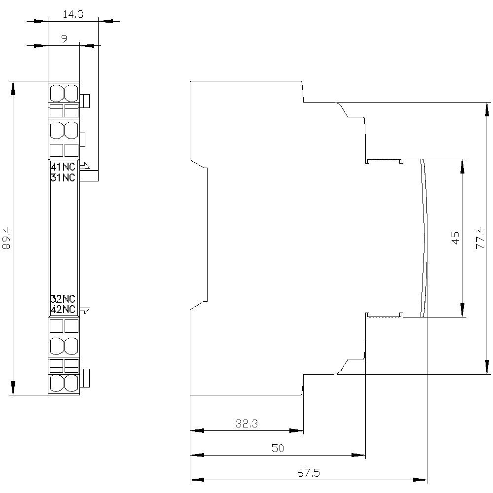 Dessin technique d'un interrupteur électrique avec dimensions en millimètres : 14,3 x 89,4 x 67,5. Vue latérale et vue de face présentées.