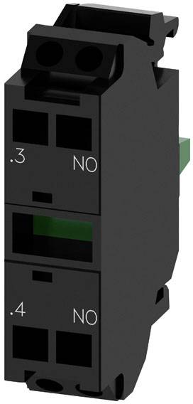 Un interrupteur électrique noir avec deux contacts NO, numérotés '.3' et '.4'. L'interrupteur possède des contacts verts.