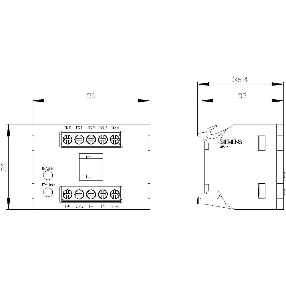 Dessin technique d'un composant Siemens avec dimensions : Largeur 50 mm, Profondeur 36,4 mm, Hauteur 36 mm. Bornes de connexion marquées.