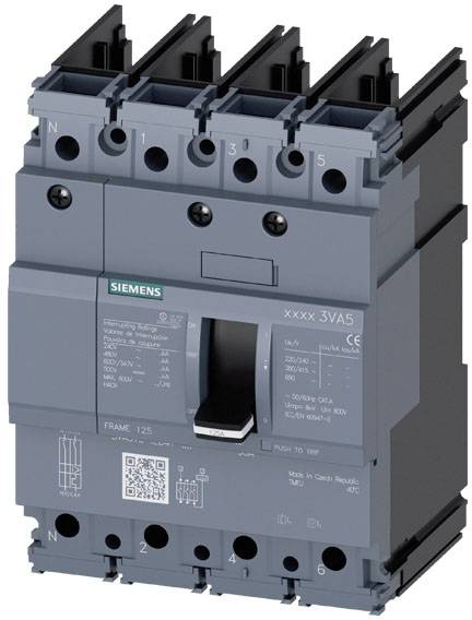 'Disjoncteur Siemens 3VA5, gris, avec interrupteur à bascule et spécifications techniques sur la face avant, pour applications électriques.'