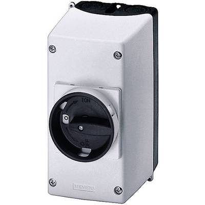 Commutateur rotatif Siemens noir sur boîtier argenté, en position 'Éteint'. Adapté pour des applications industrielles.