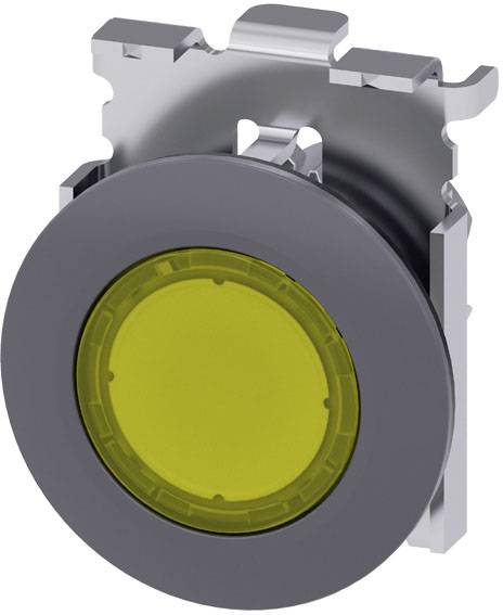 Module de bouton-poussoir rond jaune dans un boîtier argenté, utilisé dans des dispositifs de commande industriels, pour une utilisation dans des commandes de machines.