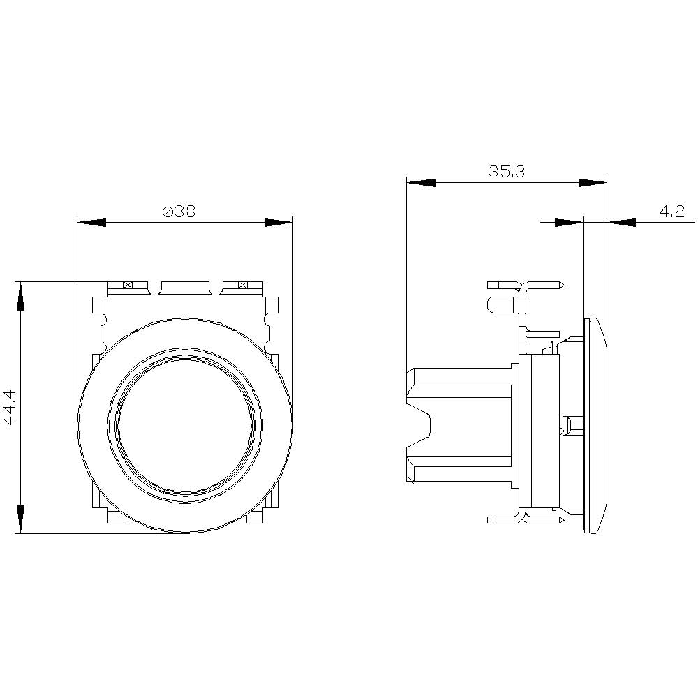 Dessin d'un interrupteur circulaire avec dimensions : diamètre 38 mm, profondeur 35,3 mm, hauteur 44,4 mm. Coupe transversale latérale à droite.