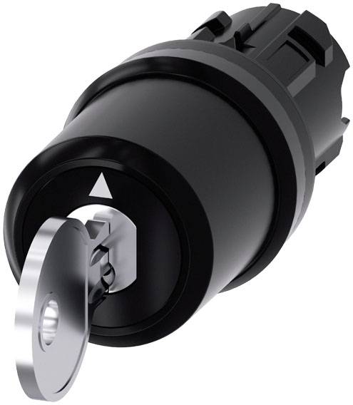 Serrure ronde noire avec une clé argentée insérée, indiquant un objet ouvert ou verrouillé.