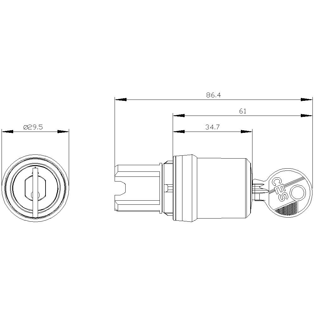 Dessin technique d'un cylindre de serrure avec sa clé. Dimensions indiquées : longueur totale 86,4 mm, diamètre 29,5 mm. Clé insérée à droite.