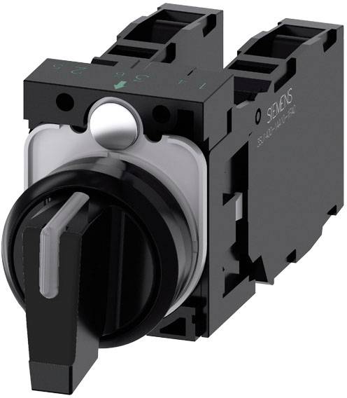 Un interrupteur électrique noir avec un dispositif de bouton rotatif, manifestement un composant mécanique, sur un fond neutre.
