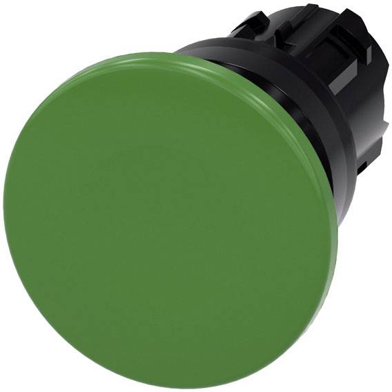 Bouton rond vert avec base noire, souvent utilisé pour confirmer ou activer des fonctions de machine.